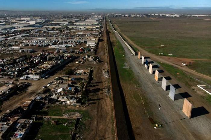 An aerial view of US President Donald Trump's border wall prototypes as seen from Tijuana, Mexico on January 7, 2019