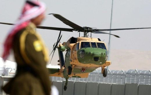 A helicopter carrying Jordan's King Abdullah II arrives at Queen Alia International Airport in Amman on March 28, 2017, ahead of an Arab League summit