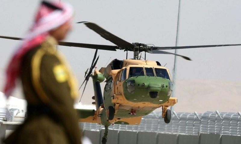 A helicopter carrying Jordan's King Abdullah II arrives at Queen Alia International Airport in Amman on March 28, 2017, ahead of an Arab League summit