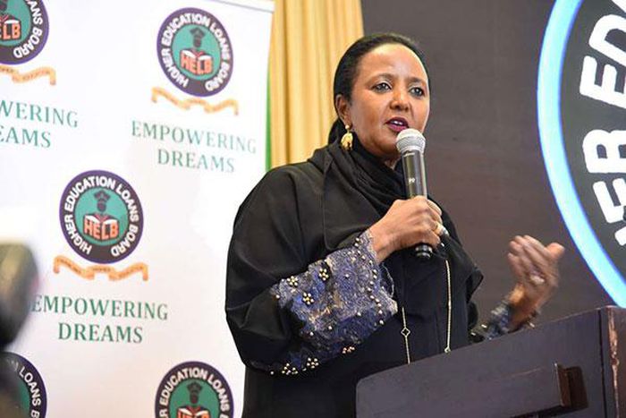 Education CS Amina Mohamed speaking durign a past HELB breakfast (Daily Nation)