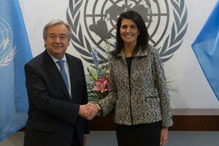 United Nations chief António Guterres shakes hands with new US Ambassador to the United Nations Nikki Haley at the United Nations in New York, on January 27, 2017