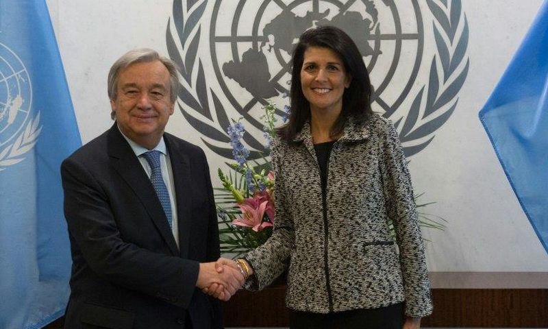 United Nations chief António Guterres shakes hands with new US Ambassador to the United Nations Nikki Haley at the United Nations in New York, on January 27, 2017