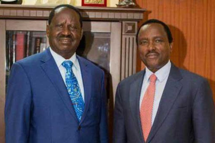 CORD leader Raila Odinga (left) and Wiper Party leader Kalonzo Musyoka (right)