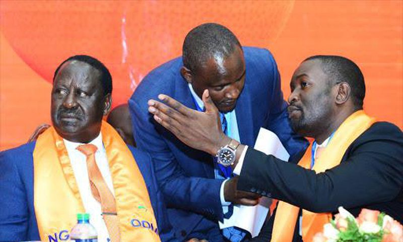 File image of ODM Party leader Raila Odinga, National Chairman John Mbadi and Secretary General Edwin Sifuna