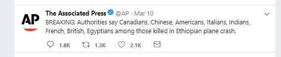 A tweet by AP on the causlties of the Ethiopian Airlines plane crash