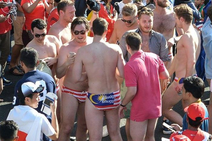 Photos of the Australian men in swimming briefs emblazoned with the Malaysian flag went viral in Malaysia following the race