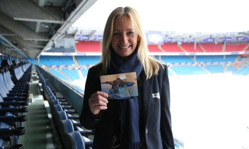 Hege Jorgensen, former sports manager in Kolbotn IL where she briefly trained Ada Hegerberg and current chief executive of the Women's Football Association in Norway, holds a photograph of Ada Hegerberg as a young player