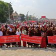 Monks and ethnic Mon march during a rally in Mawlamyine in Myanmar's Mon State on March 19, 2017, to protest against plans to name a bridge after Aung San Suu Kyi's father