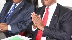 Africa National Olympic Committee of Africa president Lassana Palenfo (L) meets National Olympic Committee-Kenya president Dr Kipchoge Keino