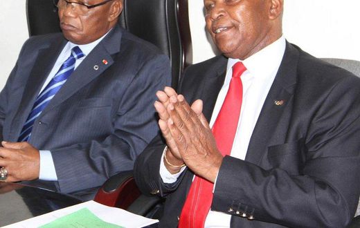 Africa National Olympic Committee of Africa president Lassana Palenfo (L) meets National Olympic Committee-Kenya president Dr Kipchoge Keino