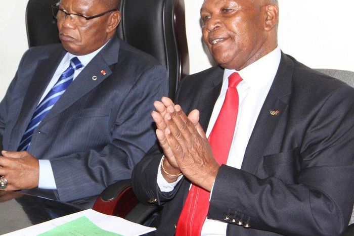 Africa National Olympic Committee of Africa president Lassana Palenfo (L) meets National Olympic Committee-Kenya president Dr Kipchoge Keino