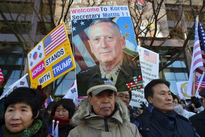 South Korean Christians supporting US President Donald Trump rally to welcome US Defense Secretary James Mattis in Seoul on February 2, 2017