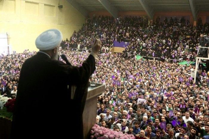 Iranian President and candidate in Friday's election Hassan Rouhani addresses a campaign rally in the northwestern city of Ardabil on May 17, 2017