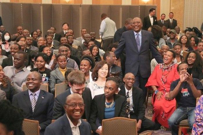 President Uhuru Kenyatta with the Kenyan diaspora in Japan in 2015.