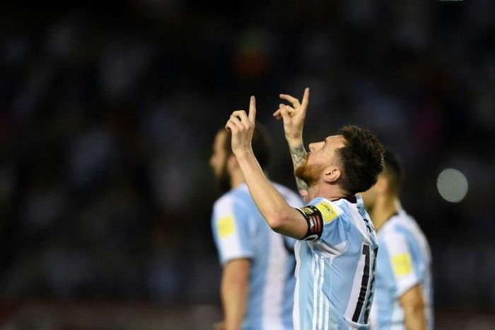 Argentina's Lionel Messi celebrates after scoring against Chile during their 2018 FIFA World Cup qualifier, at the Monumental stadium in Buenos Aires, on March 23, 2017