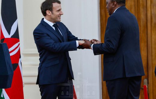 French President Emmanuel Macron and President Uhuru Kenyatta at State House (PSCU)