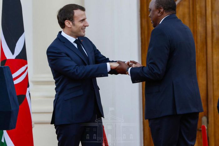 French President Emmanuel Macron and President Uhuru Kenyatta at State House (PSCU)
