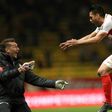 Monaco's Radamel Falcao (R) celebrates after scoring a goal against Dijon on April 15, 2017 at the Louis II Stadium in Monaco