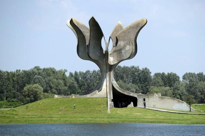 The Jasenovac camp, where a memorial is seen in 2018, is known as Croatia's Auschwitz and was run by the country's Nazi-allied Ustasha regime which persecuted and killed hundreds of thousands of ethnic Serbs, Jews, Roma and anti-fascist Croatians