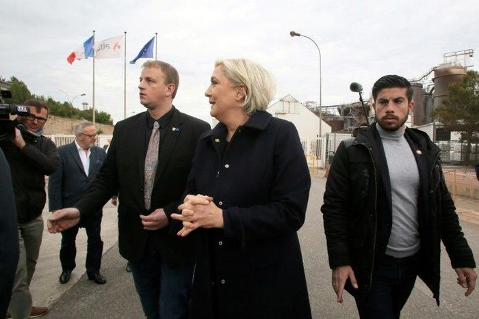French far-right presidential candidate Marine Le Pen arrives at the Alteo aluminium plant in southern France