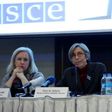 Tana de Zulueta (C), head of the OSCE's Office for Democratic Institutions and Human Rights speaks next to her deputy Meaghan Fitzgerald (L) and election advisor Vladimir Misev (R) March 17, 2017 to launch a limited observation mission in Turkey