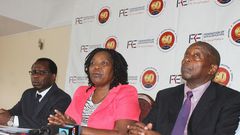 FKE CEO Jacqueline Mugo (C) with other officials during a past presser