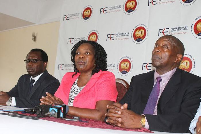 FKE CEO Jacqueline Mugo (C) with other officials during a past presser