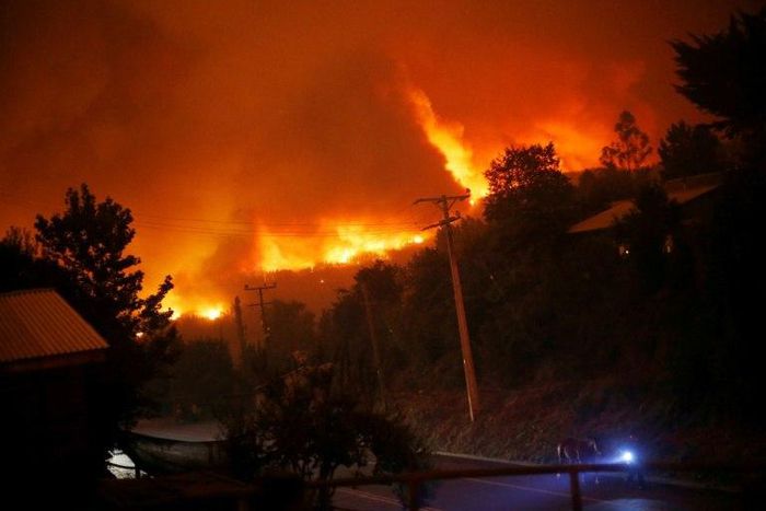 A forest fire burns out of control in Santa Olga, Chile on January 25, 2017