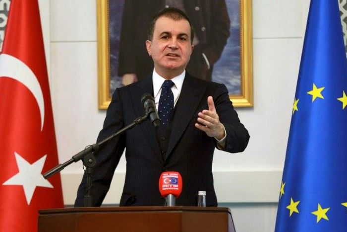 Turkey's EU Minister Omer Celik delivers a speech during a press conference on European Union (EU)'s report on Turkish candidacy for EU, on November 9, 2016 in Ankara.Turkey on November 9, 2016 slammed as "far from objective" an EU report on its stalle...