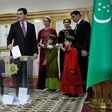 Turkmenistan's President Gurbanguly Berdymukhamedov casts his vote at a polling station in the capital Ashgabat during the election on February 12, 2017