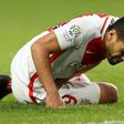 Monaco's Colombian forward Radamel Falcao grimaces in pain after falling during the French L1 football match against Bordeaux on March 11, 2017