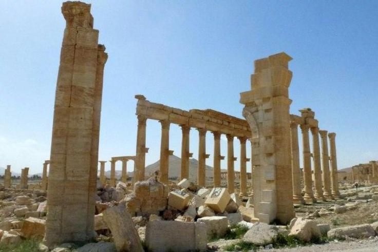 The remains of the Arch of Triumph in Palmyra after it was destroyed by the Islamic State group in Syria