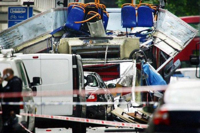 The remains of a double-decker bus in Tavistock Square in London, destroyed in one of a series of attacks on July 7, 2005 that killed 52 people