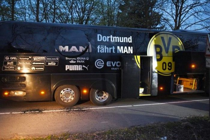 The explosion damaged windows on Borussia Dortmund's team bus as it was en route to their Westfalenstadion stadium on April 11