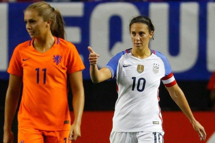 Carli Lloyd (right) celebrates a goal against the Netherlands in Atlanta, Georgia, on September 18, 2016