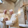Pope Francis (L) and Pope emeritus Benedict XVI, seen together in a handout picture from the Vatican in 2016, met April 13, 2017 so Francis could wish his predecessor an early happy birthday
