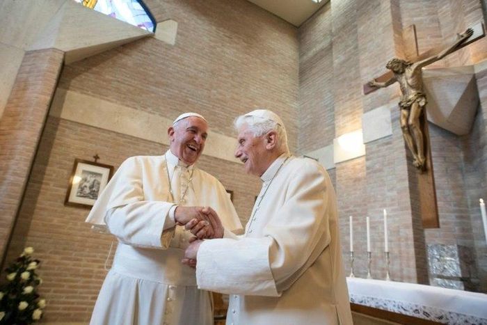 Pope Francis (L) and Pope emeritus Benedict XVI, seen together in a handout picture from the Vatican in 2016, met April 13, 2017 so Francis could wish his predecessor an early happy birthday