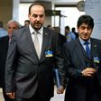 Syrian main opposition High Negotiations Committee (HNC) chief negotiator Mohamad Sabra (R) and leader Nasr al-Hariri arrive for a meeting with UN Special Envoy during Syria peace talks in Geneva on February 27, 2017