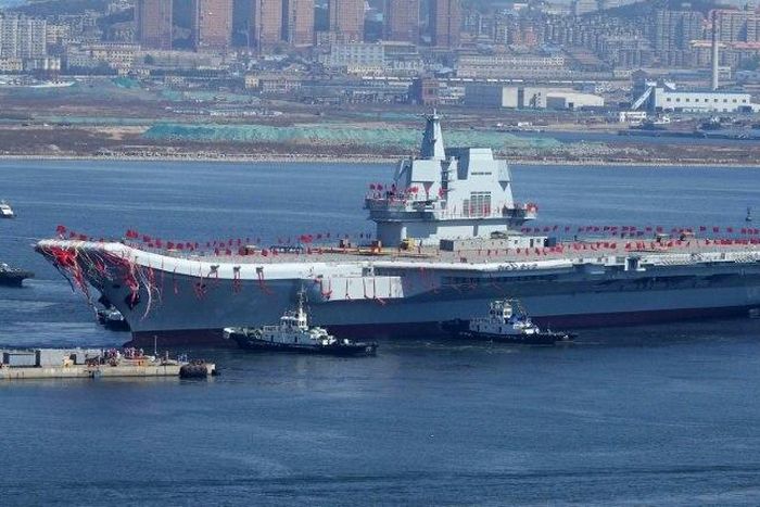 China's second aircraft carrier, Type 001A, is launched during a ceremony at the Dalian shipyards on April 26, 2017