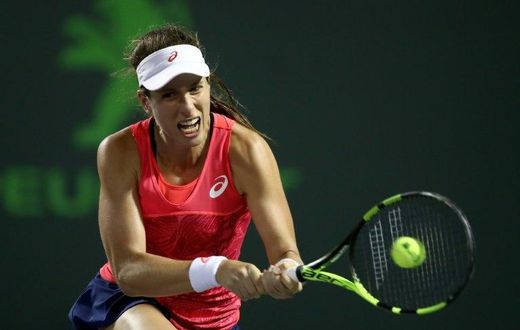 Johanna Konta of Britain hits a return during her Miami Open semi-final match against Venus Williams of the US, at Crandon Park Tennis Center in Key Biscayne, on March 30, 2017