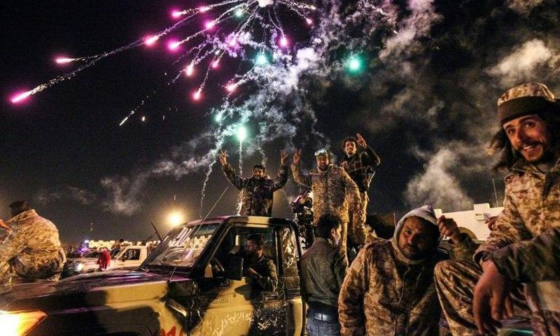 Libyans take part in a celebration with fireworks marking the sixth anniversary of the Libyan revolution, which toppled strongman Moamer Kadhafi, in Benghazi on February 17, 2017
