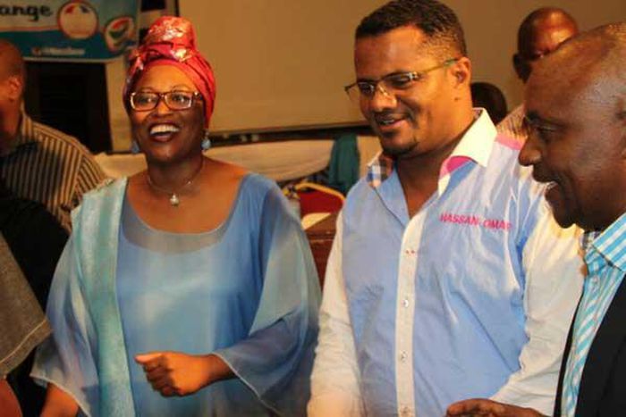 Mombasa Senator Hassan Omar (right) who is vying for the county’s governorship, when he unveiled his running mate, Ms Lyndah Shuma (left) at Sarova Whitesands Beach Resort on May 22, 2017.