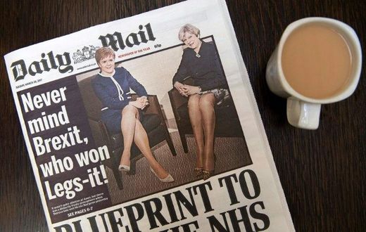 The Daily Mail newspaper's front page of Britain's Prime Minister Theresa May and Scotland's First Minister Nicola Sturgeon on March 28, 2017