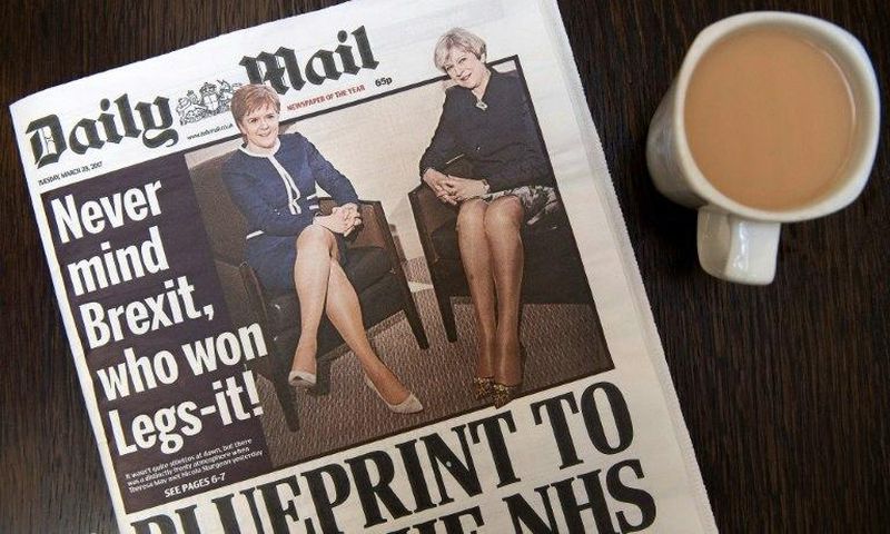 The Daily Mail newspaper's front page of Britain's Prime Minister Theresa May and Scotland's First Minister Nicola Sturgeon on March 28, 2017