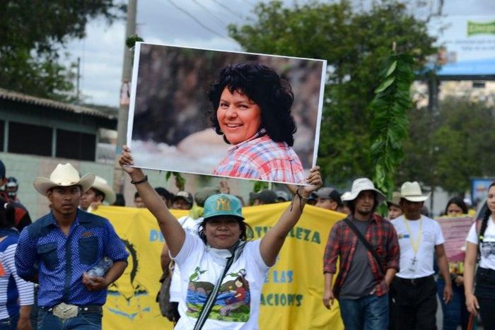 Activists protest demanding justice in the case of the murder of indigenous enviromentalist Berta Caceres in the first anniversary of her demise, in Tegucigalpa, on March 1, 2017