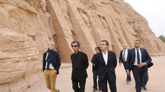 French President Emmanuel Macron (foreground) visits the temple of Abu Simbel in Egypt on January 27, 2019