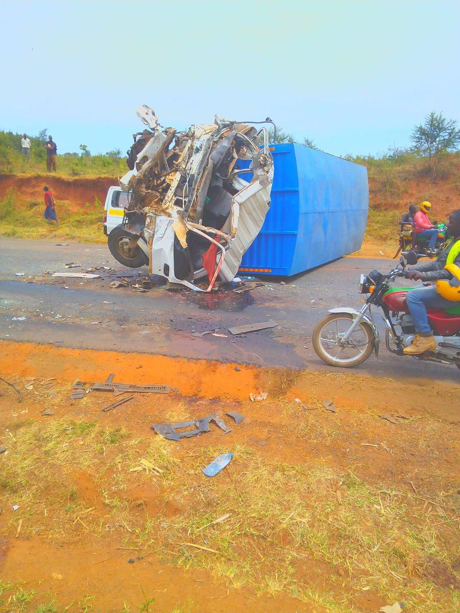 Side view of the wreckage of one of the lorries involved in an accident at Maseno