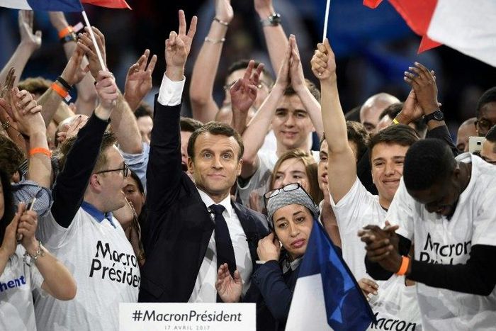 Pro-EU centrist Emmanuel Macron on the campaogn trial before storming to victory in the French presidential election