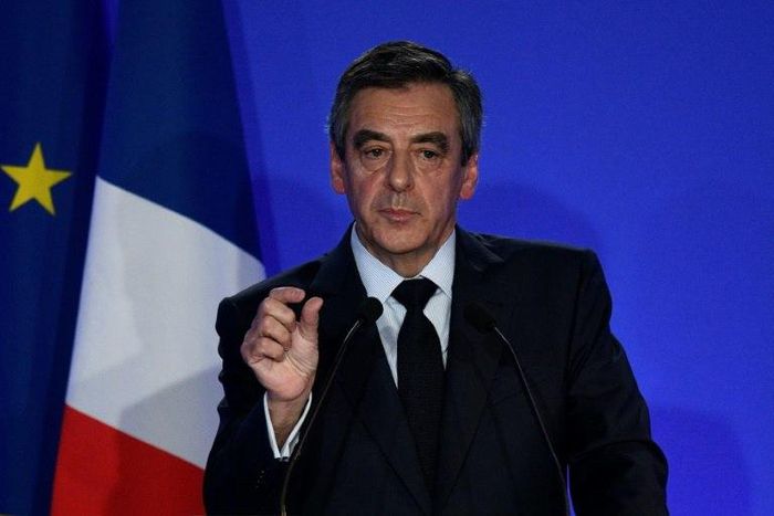 French presidential Francois Fillon on Monday at a press conference responding to the "fake job" allegations involving his wife Penelope and two of their children