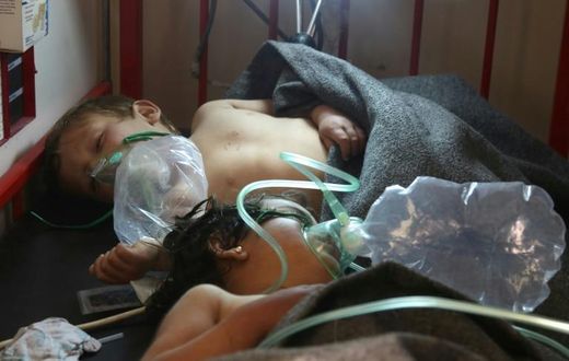 Syrian children receive treatment in the town of Maaret al-Noman, following a suspected chemical weapons attack in Khan Sheikhun, a nearby rebel-held town in Syria’s northwestern Idlib province, on April 4, 2017